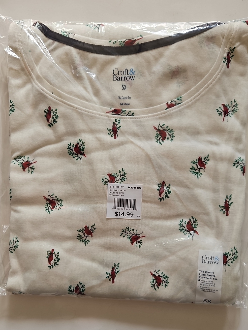 Plus Size Croft & Barrow Essential Crewneck Long Sleeve Tee, Ivory Cardinal, 5X
